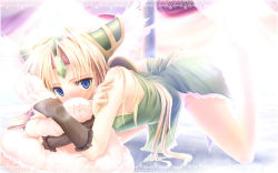Rule 34 | 1girl, backlighting, blonde hair, blue eyes, blush, bridal gauntlets, covering own mouth, forehead jewel, gizensha, hugging object, long hair, pillow, pillow hug, riesz, seiken densetsu, seiken densetsu 3, solo