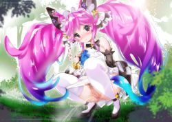 Rule 34 | 1girl, bare shoulders, bell, black bow, black bowtie, black dress, black footwear, blue hair, blush, bow, bow panties, bowtie, bush, cleo (dragalia lost), clothes lift, doku momo, dragalia lost, dress, dress lift, forest, grass, hair bell, hair bow, hair ornament, long hair, looking at viewer, maid, maid headdress, multicolored hair, nature, panties, panty pull, peeing, pink eyes, pink hair, pussy, shoes, sky, squatting, sun, thighhighs, tree, twintails, two-tone hair, uncensored, underwear, white panties, white thighhighs