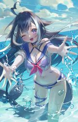 Rule 34 | absurdres, ahoge, animal ears, bare shoulders, beach, bikini, bikini under clothes, black hair, bow, bow bikini, breasts, cetacean tail, choker, cleavage, criss-cross halter, facial mark, fangs, feet out of frame, fins, fish tail, floating hair, floppy ears, halterneck, highres, indie virtual youtuber, jyuma, large breasts, leaning forward, long hair, looking at viewer, multicolored hair, navel, neckerchief, no pants, ocean, one eye closed, open mouth, purple eyes, reaching, reaching towards viewer, sailor collar, shylily, shylily (1st costume), sky, smile, streaked hair, striped bikini, striped clothes, swimsuit, tail, tattoo, thigh strap, very long hair, virtual youtuber, wading, water