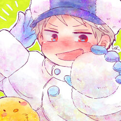 Rule 34 | 1boy, axis powers hetalia, bird, blush, buttons, chibi, coat, gilbird, gloves, holding, holding snowball, male focus, nose blush, open mouth, prussia (hetalia), rbht, red eyes, snow, snowball, tooth, white coat, white hair, winter clothes, winter hat