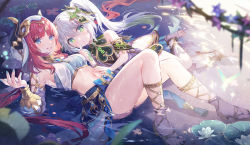 Rule 34 | 2girls, absurdres, armpits, bare shoulders, blue eyes, breasts, dancer, detached sleeves, dress, genshin impact, gradient hair, green eyes, grin, highres, horns, knees up, lino chang, long hair, looking at viewer, lying, medium breasts, midriff, multicolored hair, multiple girls, nahida (genshin impact), navel, nilou (genshin impact), on back, plant, red hair, revealing clothes, sandals, short dress, side ponytail, smile, stomach, symbol-shaped pupils, thighs, veil, vines, water, wet, white dress, white hair