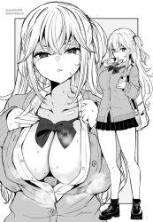 Rule 34 | 1girl, artist name, blush, bow, bowtie, breasts, cardigan, cleavage, collarbone, commentary request, dated, disgust, drinking, full body, grey background, greyscale, highres, holding carton, kichihachi, large breasts, long hair, looking at viewer, monochrome, multiple views, one side up, original, parted lips, pleated skirt, school uniform, shirt, shoes, skirt, sweat, two-tone background, white background