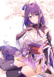 Rule 34 | 1girl, bare shoulders, braid, breasts, cleavage, detached collar, genshin impact, hair ornament, highres, japanese clothes, kimono, kinona, large breasts, long hair, long sleeves, looking at viewer, low-braided long hair, low-tied long hair, mole, mole under eye, obi, off shoulder, purple eyes, purple hair, purple kimono, purple thighhighs, raiden shogun, sash, shrug (clothing), solo, thighhighs, thighs, wide sleeves
