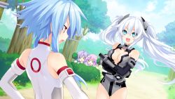 Rule 34 | 10s, 4girls, ahoge, bare shoulders, black heart (neptunia), blanc (neptunia), blue eyes, blue hair, breasts, cleavage, d-pad, elbow gloves, game cg, gloves, hair ornament, highres, kami jigen game neptune v, leotard, long hair, multiple girls, neptune (neptunia), neptune (series), noire (neptunia), o o, official art, open mouth, power symbol, power symbol-shaped pupils, pururut, red eyes, short hair with long locks, sidelocks, smile, symbol-shaped pupils, thighhighs, tsunako, twintails, very long hair, white hair, white heart (neptunia)