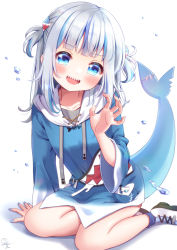 Rule 34 | 1girl, :d, blue hair, blue nails, claw pose, collarbone, commentary, fins, fish tail, gawr gura, highres, hololive, hololive english, looking at viewer, mozukun43, multicolored hair, nail polish, open mouth, sharp teeth, simple background, sitting, smile, solo, streaked hair, tail, teeth, two-tone hair, two side up, virtual youtuber, white background, white hair, wide sleeves