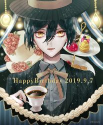 Rule 34 | 1boy, alternate costume, artist name, black hair, black hat, coffee, commentary request, cup, danganronpa (series), danganronpa v3: killing harmony, dated, disposable cup, flower, food, formal, hair between eyes, happy birthday, hat, holding, jacket, looking at viewer, male focus, open mouth, red flower, red rose, ribbon, rose, saihara shuichi, sakuyu, shirt, short hair, solo, striped clothes, striped headwear, striped jacket, teacup, white shirt, yellow eyes, yellow ribbon