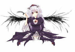 Rule 34 | 00s, 1girl, black dress, boots, dress, frills, hairband, juliet sleeves, lolita hairband, long sleeves, looking at viewer, puffy sleeves, red eyes, rozen maiden, simple background, sitting, solo, suigintou, umi (umi02), upper body, white background, white hair, wings