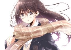 Rule 34 | 1girl, blazer, blush, brown eyes, brown hair, brown scarf, checkered clothes, checkered scarf, floating hair, glasses, hair between eyes, hand up, jacket, long hair, looking at viewer, matsuda hikari, open clothes, open jacket, original, parted lips, rimless eyewear, scarf, school uniform, sketch, solo, sweater, upper body, wind