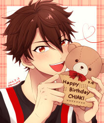 Rule 34 | 1boy, bow, bowtie, brown eyes, brown hair, character name, dated, ensemble stars!, happy birthday, heart, highres, holding, holding stuffed toy, kanata (toukenhtsk), looking at viewer, male focus, morisawa chiaki, open mouth, red bow, red bowtie, short hair, smoke, solo, stuffed animal, stuffed toy, teddy bear, teeth, twitter username, upper teeth only