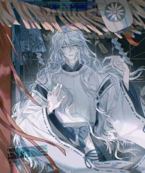 Rule 34 | 1boy, absurdres, commission, highres, i became a god in a horror game, japanese clothes, long hair, long sleeves, looking at viewer, male focus, pale skin, pixiv commission, puppet strings, solo, tavel, very long hair, wavy hair, white hair, xianggugugu885