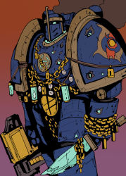 Rule 34 | .75 calibre bolt, 1boy, adeptus astartes, ammunition, anti-materiel cartridge, armor, blue armor, blue background, bolt (warhammer 40k), bolter, chain, chaos (warhammer), chaos space marine, commentary, dagger, darkmechanic, helmet, high-explosive cartridge, highres, holding, holding dagger, holding knife, holding weapon, knife, multicolored background, power armor, purple background, rocket-assisted projectile, shoulder armor, space marine, tzeentch, warhammer 40k, weapon, window magazine