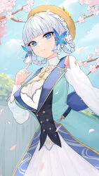 Rule 34 | 1girl, absurdres, ayaka (genshin impact), back bow, blue bow, blue dress, blue eyes, blue hair, blunt bangs, blunt tresses, bow, braid, breasts, butterfly hair ornament, cherry blossoms, closed mouth, collar, dress, flower, genshin impact, hair flower, hair ornament, hand up, hat, hat flower, highres, kamisato ayaka, kamisato ayaka (springbloom missive), light blue hair, long sleeves, looking at viewer, medium breasts, mole, mole under eye, official alternate costume, official alternate hairstyle, smile, solo, uka (315302627), upper body, white collar