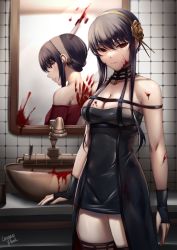 Rule 34 | 1girl, absurdres, black hair, blood, blood on face, caiman pool, different reflection, dress, faucet, hair between eyes, hairband, highres, indoors, mirror, reflection, sink, solo, spy x family, thighhighs, thighs, two-sided dress, two-sided fabric, yor briar