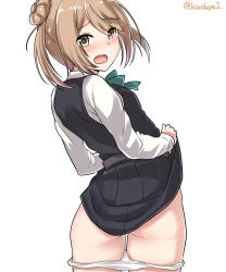 Rule 34 | 1girl, absurdres, ass, belt, black dress, blue neckwear, blush, brown eyes, brown hair, clothes lift, cowboy shot, double bun, dress, dress lift, from behind, hair bun, highres, kantai collection, kiritto, leaning to the side, long sleeves, looking back, michishio (kancolle), michishio kai ni (kancolle), open mouth, panties, panty pull, pinafore dress, raised eyebrows, shirt, short hair, simple background, sleeveless, sleeveless dress, solo, standing, thighs, twitter username, two side up, underwear, white background, white panties, white shirt