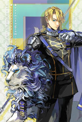 Rule 34 | 1boy, animal, armor, banner, black pants, blonde hair, blue cape, blue eyes, cape, closed mouth, commentary request, cowboy shot, deviantart username, dimitri alexandre blaiddyd, fire emblem, fire emblem: three houses, garreg mach monastery uniform, gloves, hair between eyes, holding, holding polearm, holding weapon, instagram username, lion, long sleeves, looking at viewer, male focus, nintendo, pants, polearm, serious, short hair, shoulder armor, shoulder plates, solo, standing, star (symbol), watermark, weapon, web address, zzyzzyy