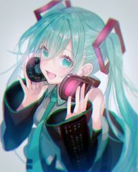 Rule 34 | 1girl, aqua eyes, aqua hair, blurry, blush, chromatic aberration, commentary, detached sleeves, hair between eyes, hatsune miku, headphones, highres, long hair, looking at viewer, necktie, open mouth, simple background, skirt, sleeveless, smile, solo, twintails, upper body, very long hair, vocaloid, yamori (stom)