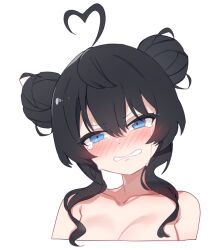 Rule 34 | 1girl, ahoge, aningay, black hair, blue eyes, blush, breasts, collarbone, cropped torso, crying, crying with eyes open, double bun, hair between eyes, hair bun, head tilt, heart, heart ahoge, highres, long hair, medium breasts, nose blush, nude, original, simple background, solo, tears, upper body, white background