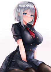 Rule 34 | 1girl, absurdres, admiral graf spee (azur lane), admiral graf spee (girl&#039;s sunday) (azur lane), admiral graf spee (girl&#039;s sunday) (azur lane), azur lane, black dress, black pantyhose, blue eyes, blush, buttons, commentary request, dress, hair between eyes, highres, looking at viewer, multicolored hair, necktie, official alternate costume, pantyhose, ryara, short hair, short sleeves, sidelocks, silver hair, simple background, sitting, smile, solo, streaked hair, two-tone hair, wariza, white background