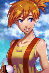 Rule 34 | 1girl, bare shoulders, blue eyes, blue sky, blush, breasts, cloud, cloudy sky, collarbone, creatures (company), game freak, holding, holding poke ball, khaliqa bell, looking to the side, misty (pokemon), nintendo, orange hair, outdoors, parted lips, poke ball, pokemon, pokemon (anime), pokemon (classic anime), ponytail, shirt, short hair, short ponytail, side ponytail, sky, sleeveless, sleeveless shirt, small breasts, smile, solo, suspenders, tank top, upper body, wide ponytail, yellow shirt