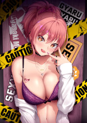 Rule 34 | 1girl, blouse, blush, bra, breasts, chest tattoo, cleavage, dearonnus, earrings, eyelashes, female focus, hair between eyes, hoop earrings, idolmaster, idolmaster cinderella girls, jewelry, jougasaki mika, medium breasts, navel, necklace, open clothes, open shirt, pink hair, shirt, smile, solo, tattoo, tongue, tongue out, underwear, upper body, v over eye, white shirt, yellow eyes
