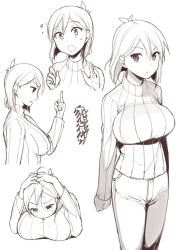 Rule 34 | 1girl, :o, breasts, character name, character sheet, chikurin (sasamori tomoe), denim, female focus, from side, hands on own head, jeans, jpeg artifacts, large breasts, lineart, middle finger, monochrome, multiple views, open mouth, original, pants, ribbed sweater, sasamori tomoe, sweat, sweater, turtleneck