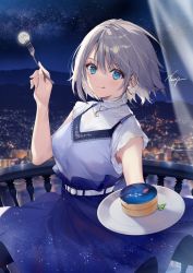 Rule 34 | 1girl, balcony, blue dress, blue eyes, blush, cake, city, cityscape, commission, curtains, dress, food, fork, highres, holding, holding plate, licking lips, looking at viewer, moon, necomi, night, night sky, original, pixiv commission, plate, railing, sakaki karen, shirt, short hair, sky, solo, standing, star (sky), starry sky, tongue, tongue out, white hair, white shirt