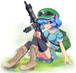 Rule 34 | 1girl, ass, assault rifle, backpack, bag, belt, between breasts, black thighhighs, blue eyes, blue hair, blush, boots, breasts, combat boots, cross-laced footwear, eyewear on head, full body, glasses, gun, hair bobbles, hair ornament, hat, highres, impossible clothes, kawashiro nitori, key, lace-up boots, looking at viewer, matching hair/eyes, medium breasts, midriff, navel, open mouth, rifle, ruku rx, short sleeves, sitting, skirt, smile, solo, strap between breasts, string, sunglasses, thighhighs, touhou, trigger discipline, twintails, two side up, weapon