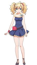 Rule 34 | 1girl, ahoge, bag, belt, blonde hair, blue dress, bow, chitose haru, comet, dress, earrings, female focus, frills, full body, green eyes, hair bow, hair ornament, high heels, jewelry, long hair, looking at viewer, official art, shoes, sleeveless, smile, solo, standing, star (symbol), transparent background, twintails