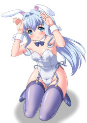 Rule 34 | 10s, 1girl, animal ears, armpits, arms up, bare shoulders, blue eyes, blue hair, blush, breasts, cleavage, covered erect nipples, detached collar, fake animal ears, garter straps, grey thighhighs, groin, gundam, gundam build divers, hair intakes, highleg, highleg leotard, kneeling, leotard, light blue hair, lipstick, long hair, makeup, playboy bunny, purple thighhighs, rabbit ears, rabbit girl, rabbit pose, sara (gundam build divers), shoes, simple background, sitting, smile, solo, strapless, strapless leotard, thighhighs, thighs, white background, white leotard, wrist cuffs, yukimura hajime