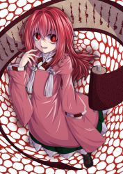 Rule 34 | 1girl, bags under eyes, boots, checkered clothes, checkered kimono, empty eyes, forbidden scrollery, frills, full body, green skirt, hair between eyes, hair down, hair intakes, highres, ink, japanese clothes, kimono, long hair, long sleeves, looking at viewer, motoori kosuzu, nomayo, red eyes, red hair, scroll, skirt, smile, spoilers, standing, touhou