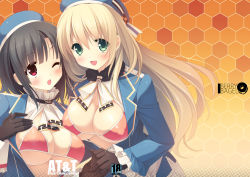 Rule 34 | 10s, 2girls, :d, atago (kancolle), black hair, blonde hair, blush, breast press, breasts, gloves, green eyes, hat, kanekiyo miwa, kantai collection, large breasts, long hair, military, military uniform, multiple girls, one eye closed, open clothes, open mouth, red eyes, short hair, smile, takao (kancolle), uniform