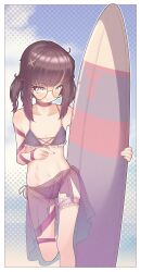 Rule 34 | 1girl, bikini, bow, bow bikini, breasts, brown bikini, brown hair, choker, fallenshadow, glasses, hair ornament, hairclip, highres, indie virtual youtuber, leg ribbon, leg up, long hair, navel, pettan (zeez4743), pink eyes, ribbon, sarong, see-through clothes, side-tie bikini bottom, small breasts, smile, solo, standing, standing on one leg, stomach, surfboard, swimsuit, thigh ribbon, twintails, virtual youtuber