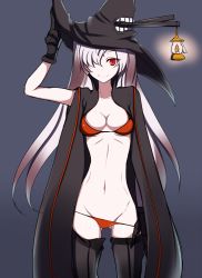 Rule 34 | 10s, 1girl, abyssal ship, bad id, bad pixiv id, bikini, coat, gloves, halloween, hat, kantai collection, kotohane, long hair, pale skin, red bikini, red eyes, solo, southern ocean oni, swimsuit, thighhighs, trench coat, very long hair, white hair, witch hat