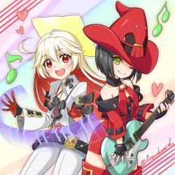 Rule 34 | 2girls, aged down, ahoge, bad id, bad pixiv id, bare shoulders, beamed quavers, black hair, blonde hair, electric guitar, fingerless gloves, frenchmaid (made in frenchmaid), gloves, green eyes, guilty gear, guitar, hat, heart, i-no, instrument, jack-o&#039; valentine, keyboard (instrument), looking at viewer, multicolored hair, multiple girls, musical note, one eye closed, quaver, red eyes, red hair, red hat, smile, thighhighs, twitter username, two-tone hair, witch hat