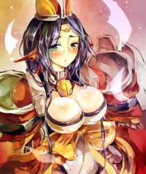 Rule 34 | 1girl, armor, black hair, blush, bodysuit, bow, breasts, cleavage, cleavage cutout, clothing cutout, ear covers, elf, female focus, glasses, green eyes, haice ice, hat, ice (iceglacier), juana, kyoukaisenjou no horizon, large breasts, long hair, pantyhose, pointy ears, solo