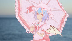 Rule 34 | 1girl, 3d, ascot, bat wings, blue hair, blurry, depth of field, hat, horizon, looking at viewer, mob cap, ocean, outdoors, perry (artist), red eyes, remilia scarlet, short hair, smile, solo, touhou, wings, wrist cuffs