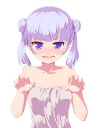 Rule 34 | 1girl, absurdres, bare arms, bare shoulders, blunt bangs, blush, carpentecture, collarbone, double bun, flat chest, hair bun, highres, long hair, looking at viewer, naked towel, naughty face, new game!, open mouth, purple eyes, purple hair, shiny skin, simple background, solo, suzukaze aoba, towel, twintails, upper body, white background