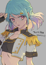 Rule 34 | 1girl, absurdres, aiguillette, aikatsu!, aikatsu! (series), aikatsu friends!, black gloves, blue hair, braid, breasts, collarbone, collared jacket, crop top, cropped jacket, epaulettes, fingerless gloves, floating hair, french braid, galbi (iouytuuyio), gloves, gradient hair, grey background, hair ornament, hand up, highres, idol, jacket, looking to the side, medium hair, midriff, minato mio, multicolored hair, navel, open clothes, open jacket, open mouth, pink eyes, purple hair, short sleeves, sidelocks, simple background, small breasts, solo, star (symbol), star hair ornament, strapless, tube top, two-tone hair, upper body, white jacket