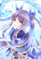 Rule 34 | 1girl, :o, absurdres, animal print, blue theme, blush, bow, butterfly print, dress, eyes visible through hair, floating hair, hair ribbon, highres, japanese clothes, kyoka (princess connect!), long hair, long sleeves, looking at viewer, parted lips, pointy ears, princess connect!, purple hair, ribbon, solo, takemura kou, twintails, very long hair, water, wide sleeves, yellow bow, yellow eyes