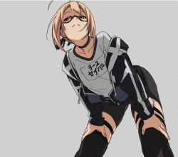 Rule 34 | 1girl, ahoge, artoria pendragon (fate), bike shorts, black ribbon, blonde hair, choker, fate/grand order, fate (series), from below, frown, fu-ta, glasses, grey background, hands on own thighs, leaning forward, looking at viewer, mysterious heroine x alter (fate), mysterious heroine x alter (second ascension) (fate), off shoulder, ribbon, short hair, skindentation, solo, thighhighs, thighs, yellow eyes