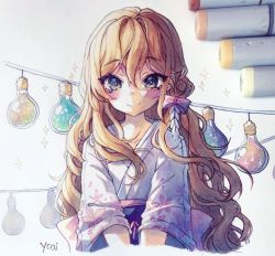 Rule 34 | 1girl, anny (yoai), art tools in frame, artist name, blush, bow, brown eyes, brown hair, clothing request, commentary, crossed bangs, english commentary, flat chest, hair bow, hair ornament, highres, instagram username, japanese clothes, kimono, long hair, looking at viewer, marker, marker (medium), messy hair, obi, obijime, original, pen (medium), photo (medium), purple bow, sash, sidelocks, smile, solo, split mouth, star (symbol), traditional media, very long hair, wavy hair, wide sleeves