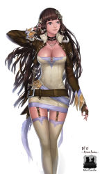 Rule 34 | 00s, 1girl, absurdres, blue eyes, breasts, brown hair, choker, corset, dress, dungeon and fighter, elf, gloves, hair ornament, hand in own hair, highres, jacket, large breasts, long hair, looking up, mistcastle, pointy ears, solo, thighhighs, weapon, white background