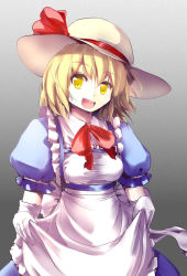 Rule 34 | 1girl, :d, apron, bad id, bad pixiv id, blonde hair, blue dress, clothes lift, culter, dress, dress lift, elbow gloves, female focus, gloves, hat, hat ribbon, kana anaberal, looking at viewer, open mouth, phantasmagoria of dim.dream, ribbon, smile, solo, touhou, touhou (pc-98), white gloves, yellow eyes