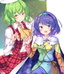 Rule 34 | 2girls, :d, ahoge, aka tawashi, ascot, blush, breasts, cape, dress, frills, green hair, hairband, highres, holding, holding umbrella, index finger raised, kazami yuuka, large breasts, looking at viewer, medium breasts, multicolored clothes, multicolored dress, multiple girls, open mouth, plaid, purple eyes, purple hair, rainbow gradient, red eyes, red skirt, short hair, simple background, skirt, smile, tenkyuu chimata, touhou, umbrella, upper body, vest, white background, yellow ascot