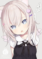 Rule 34 | 1girl, animal ears, artist name, black bow, black dress, blue eyes, blush, bow, capriccio, cat hair ornament, collarbone, collared shirt, commentary request, dress, dress shirt, fake wings, grey background, hair between eyes, hair ornament, hairclip, head tilt, heart, heart hair ornament, light brown hair, long hair, looking at viewer, mini wings, open mouth, original, pink wings, shirt, short sleeves, simple background, sleeveless, sleeveless dress, solo, translated, upper body, white shirt, wings, x hair ornament