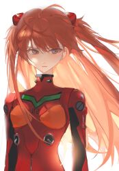 Rule 34 | 1girl, :|, absurdres, arms at sides, backlighting, blue eyes, bodysuit, closed mouth, covered collarbone, fengguai, floating hair, frown, hairpods, highres, interface headset, long hair, looking to the side, neon genesis evangelion, orange hair, pilot suit, plugsuit, red bodysuit, simple background, solo, souryuu asuka langley, two side up, upper body, white background