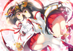 Rule 34 | 2girls, :d, animal ears, ass, azur lane, bare shoulders, bell, black hair, blush, brown eyes, commentary request, detached sleeves, dress, dutch angle, eye contact, fox ears, hair ornament, hands up, holding hands, japanese clothes, jingle bell, kagura suzu, kimono, kneehighs, long hair, long sleeves, looking at another, mayusaki yuu, miko, multiple girls, mutsu (azur lane), nagato (azur lane), open mouth, panties, parted lips, petals, pleated dress, pleated skirt, red dress, red ribbon, red skirt, ribbon, ribbon-trimmed sleeves, ribbon trim, short hair, short kimono, skirt, sleeves past wrists, smile, socks, thighhighs, underwear, very long hair, white kimono, white legwear, white panties, wide sleeves