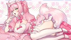 Rule 34 | 1girl, ahoge, animal ears, blush, bow, breasts, cleavage, commentary, commission, dress, english commentary, green eyes, heart, heart ahoge, highres, large breasts, long hair, looking at viewer, lying, mayuri kaichou, on side, open mouth, original, pink bow, pink dress, pink footwear, pink hair, platform footwear, simple background, skeb commission, solo, tail, thighhighs, twintails, v, very long hair, virtual youtuber, white thighhighs