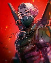 Rule 34 | 1girl, animification, apex legends, armor, cable, embers, gas mask, highres, jetpack, kakechi, looking down, mask, official alternate costume, pink hair, red background, short hair, slingshot valkyrie, solo, twitter username, upper body, valkyrie (apex legends)