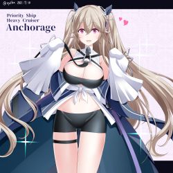 Rule 34 | 1girl, absurdres, anchorage (azur lane), azur lane, bare shoulders, blush, breasts, character name, cleavage, commentary request, crossed bangs, hair ornament, hebitsukai-san, highres, large breasts, light brown hair, long hair, looking at viewer, navel, open mouth, purple eyes, shorts, smile, solo, twintails, twitter username, very long hair, wide sleeves